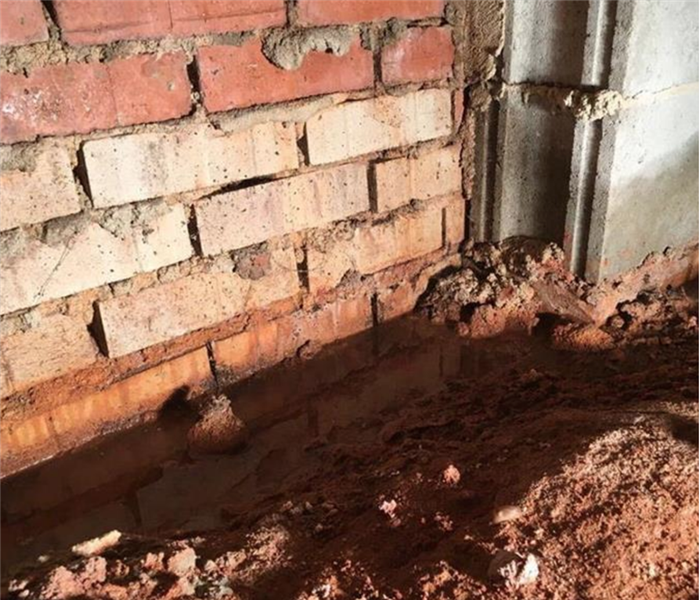 A close up of wet mud and brick in a crawl space